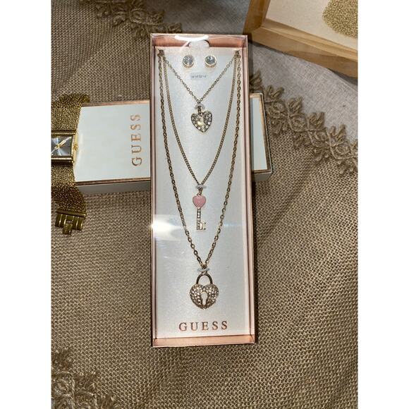 NWT Guess 3 Charm Necklaces with Earrings & GUC Guess Watch Jewelry Bundle Lot - Picture 1 of 9